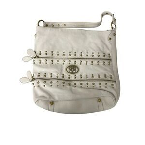Sharif Women Shoulder Handbag White Pebbled Leather Studded Map Print lined Bag